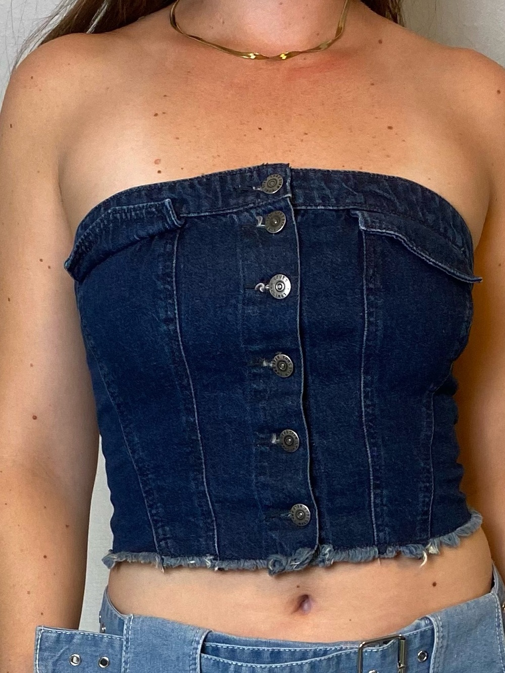 100% Cotton Denim Strapless Button-Front Crop Top - Dark Blue